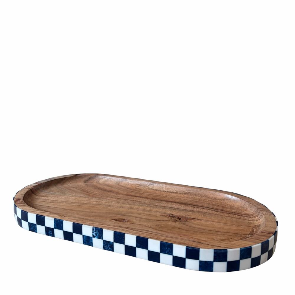 Blue & White Checkered Enameled Mango Wood Serving Tray 14x7 Made In India NEW